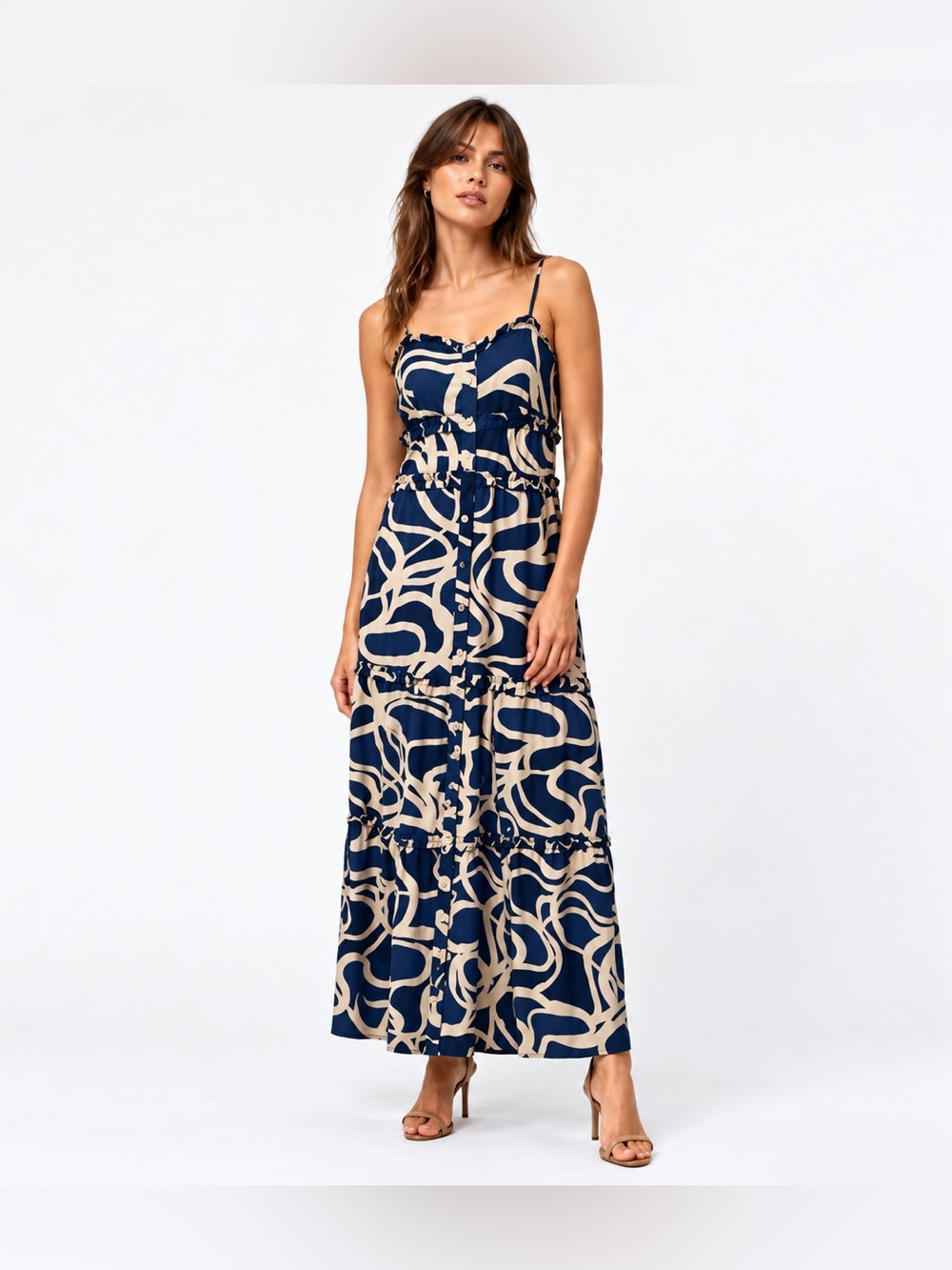Bird & Knoll Connie Button Front Tiered Maxi Dress Size XS Navy Blue Black Geo